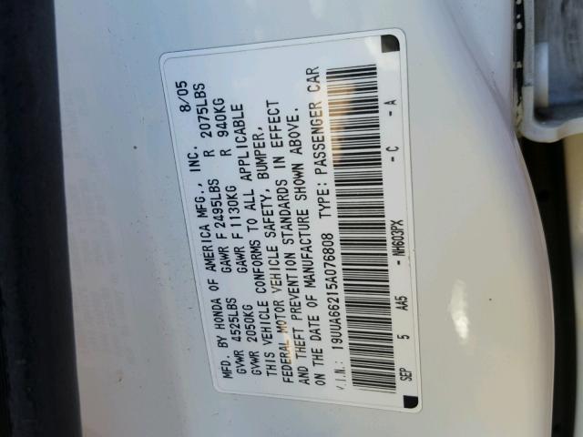 19UUA66215A076808 - 2005 ACURA TL WHITE photo 10