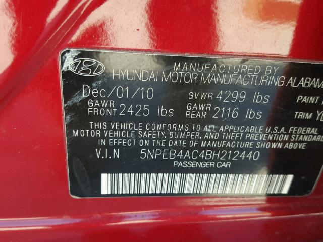 5NPEB4AC4BH212440 - 2011 HYUNDAI SONATA GLS RED photo 10