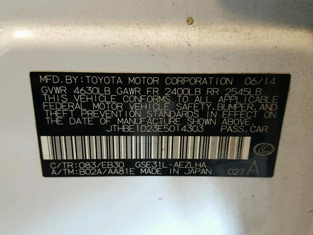 JTHBE1D23E5014303 - 2014 LEXUS IS 350 WHITE photo 10