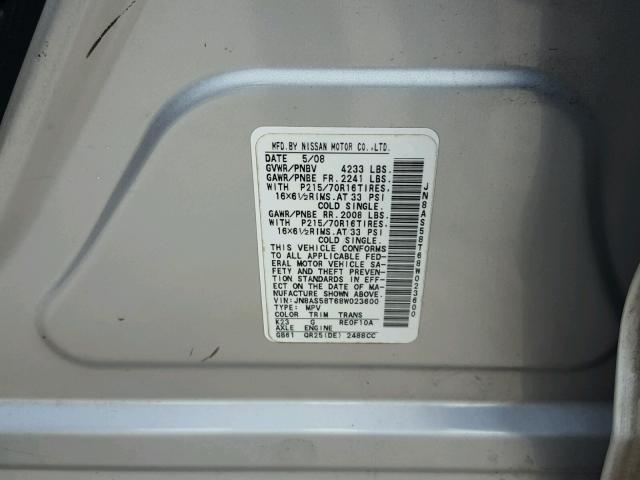 JN8AS58T68W023600 - 2008 NISSAN ROGUE S SILVER photo 10