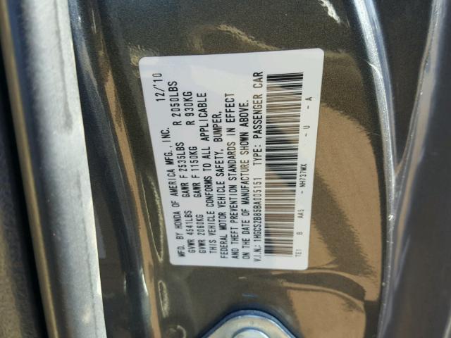 1HGCS2B85BA005151 - 2011 HONDA ACCORD EXL GRAY photo 10