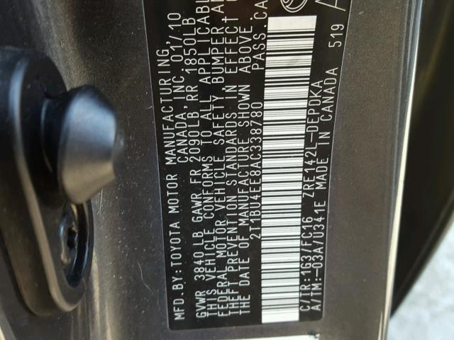 2T1BU4EE8AC338780 - 2010 TOYOTA COROLLA BA CHARCOAL photo 10