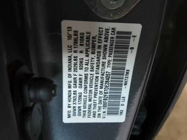 19XFB2F87DE284057 - 2013 HONDA CIVIC EX გრაფიტი ფოტო 10