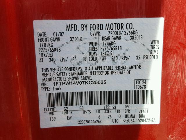 1FTPW14V07KC25025 - 2007 FORD F150 SUPER RED photo 10