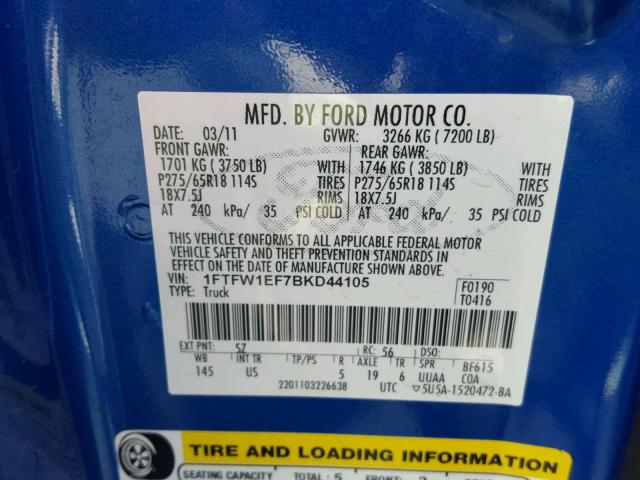 1FTFW1EF7BKD44105 - 2011 FORD F150 SUPER BLUE photo 10