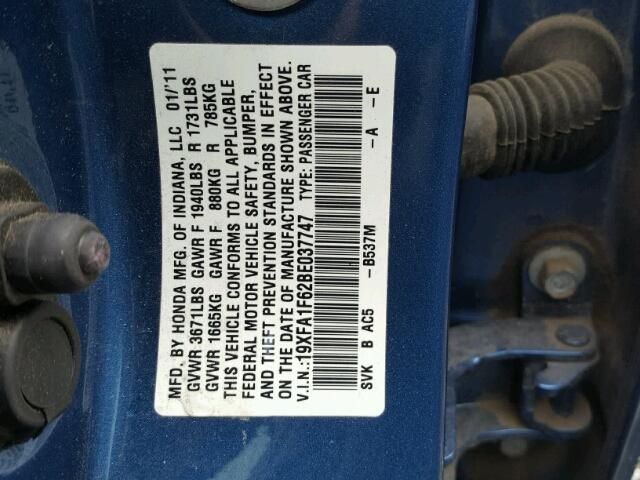 19XFA1F62BE037747 - 2011 HONDA CIVIC LX-S Mavi foto 10