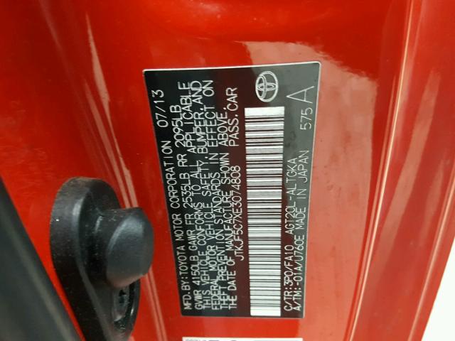 JTKJF5C7XE3074808 - 2014 TOYOTA SCION TC 红色 照片 10