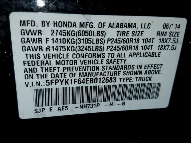 5FPYK1F64EB012683 - 2014 HONDA RIDGELINE BLACK photo 10