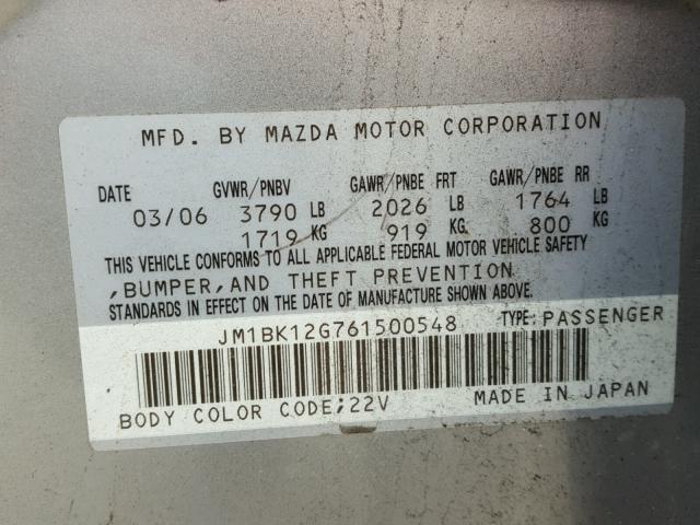 JM1BK12G761500548 - 2006 MAZDA 3 I SILVER photo 10