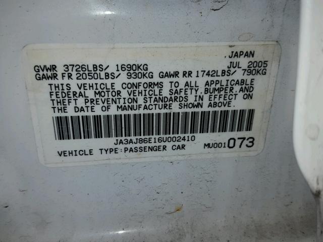 JA3AJ86E16U002410 - 2006 MITSUBISHI LANCER OZ WHITE photo 10