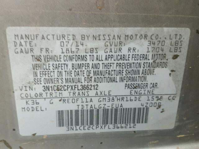 3N1CE2CPXFL366212 - 2015 NISSAN VERSA NOTE GRAY photo 10