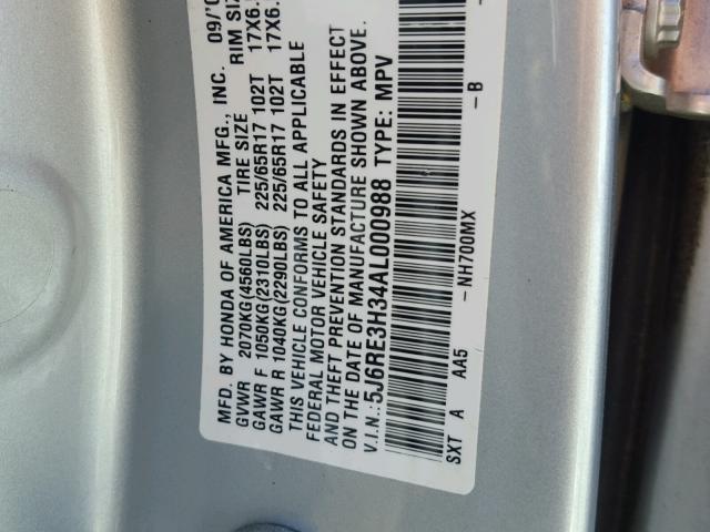 5J6RE3H34AL000988 - 2010 HONDA CR-V LX SILVER photo 10