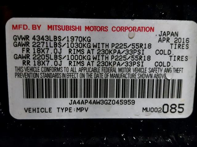 JA4AP4AW3GZ045959 - 2016 MITSUBISHI OUTLANDER BLACK photo 10