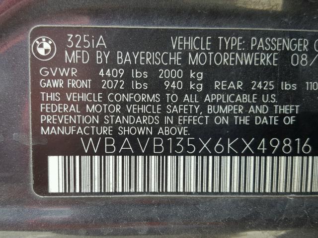 WBAVB135X6KX49816 - 2006 BMW 325 I GRAY photo 10