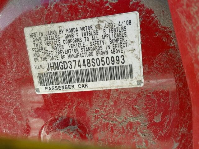 JHMGD37448S050993 - 2008 HONDA FIT RED photo 10