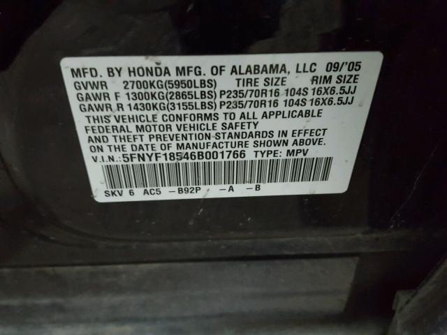 5FNYF18546B001766 - 2006 HONDA PILOT EX BLACK photo 10