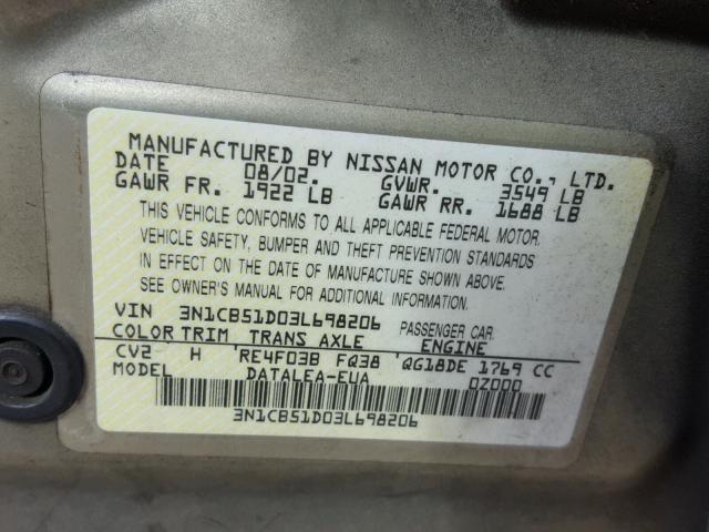 3N1CB51D03L698206 - 2003 NISSAN SENTRA XE GOLD photo 10