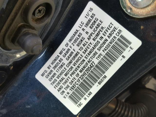 19XFC1F32HE205427 - 2017 HONDA CIVIC EX შავი ფოტო 10