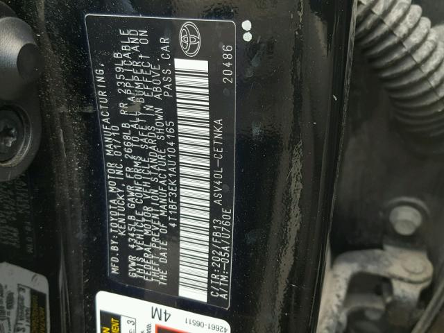 4T1BF3EK1AU104165 - 2010 TOYOTA CAMRY BASE BLACK photo 10