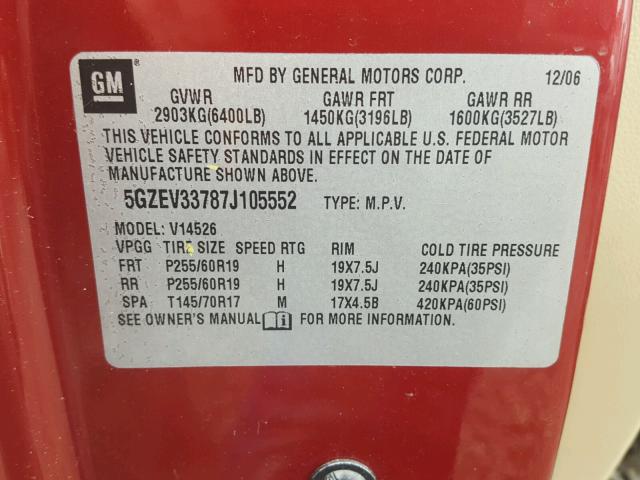 5GZEV33787J105552 - 2007 SATURN OUTLOOK SP მუქწითელი ფოტო 10