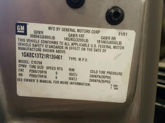 1GKEC13T21R139461 - 2001 GMC YUKON GRAY photo 10