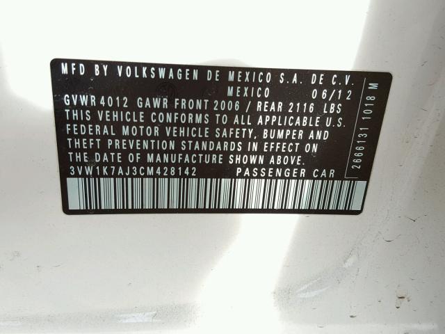 3VW1K7AJ3CM428142 - 2012 VOLKSWAGEN JETTA BASE 白色 照片 10