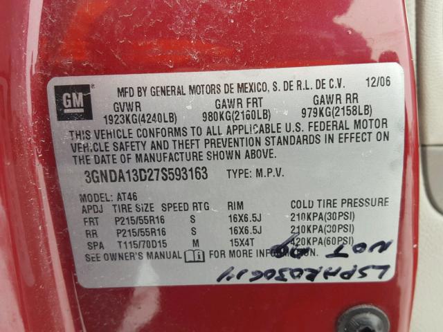 3GNDA13D27S593163 - 2007 CHEVROLET HHR LS RED photo 10