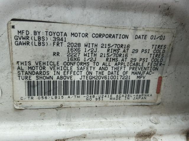 JTEGH20V610017221 - 2001 TOYOTA RAV4 WHITE photo 10