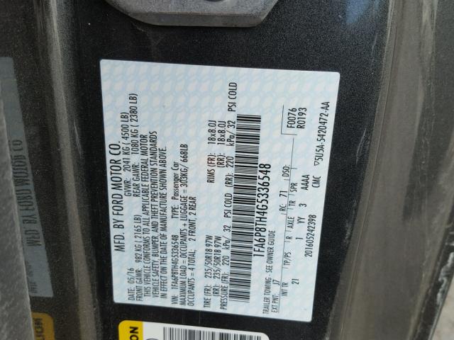 1FA6P8TH4G5336548 - 2016 FORD MUSTANG GRAY photo 10