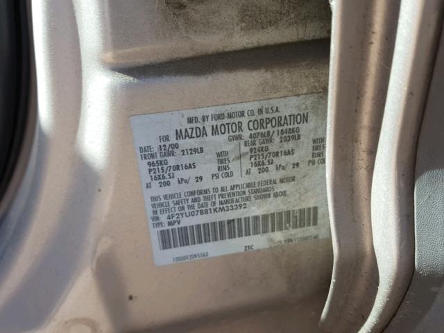 4F2YU07B81KM33392 - 2001 MAZDA TRIBUTE DX 棕色 照片 10