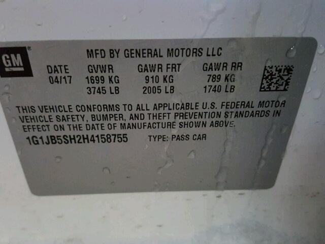 1G1JB5SH2H4158755 - 2017 CHEVROLET SONIC LS 白色 照片 10