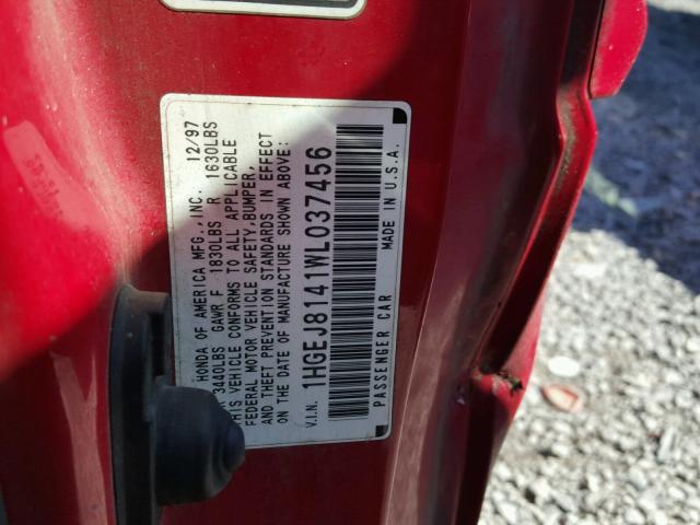 1HGEJ8141WL037456 - 1998 HONDA CIVIC EX RED photo 10