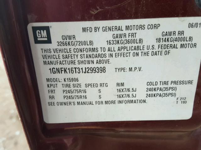 1GNFK16T31J299398 - 2001 CHEVROLET SUBURBAN K MAROON photo 10