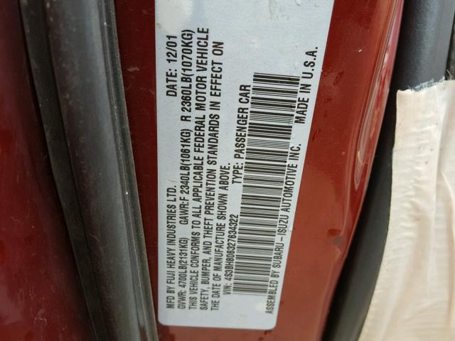 4S3BH806327634322 - 2002 SUBARU LEGACY OUT RED photo 10
