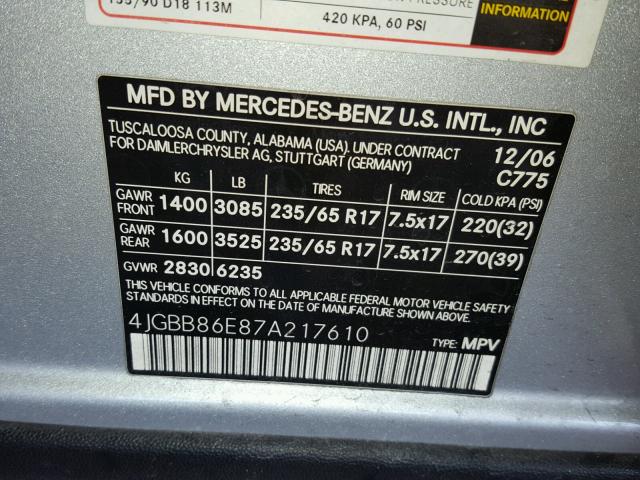 4JGBB86E87A217610 - 2007 MERCEDES-BENZ ML 350 SILVER photo 10