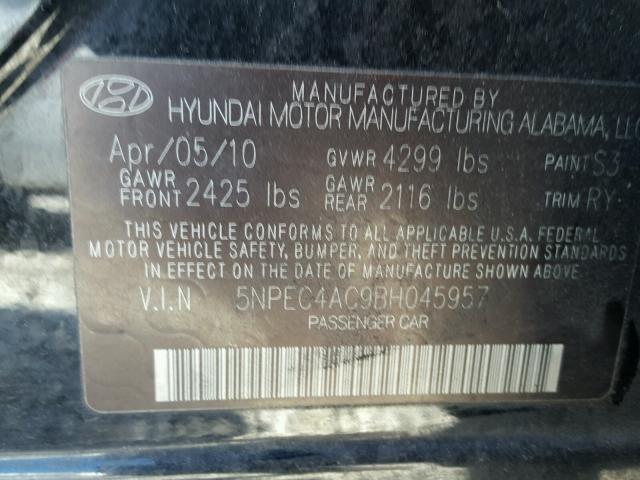 5NPEC4AC9BH045957 - 2011 HYUNDAI SONATA SE BLACK photo 10