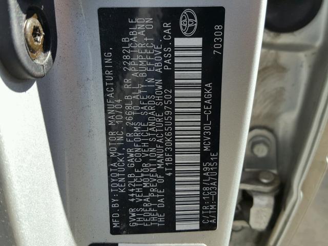 4T1BF30K65U597502 - 2005 TOYOTA CAMRY LE SILVER photo 10