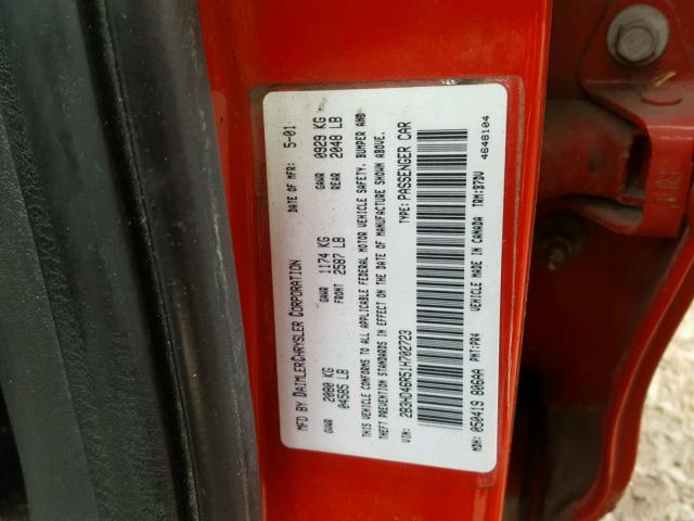 2B3HD46R51H702723 - 2001 DODGE INTREPID S 红色 照片 10