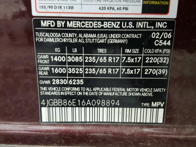 4JGBB86E16A098894 - 2006 MERCEDES-BENZ ML 350 MAROON photo 10