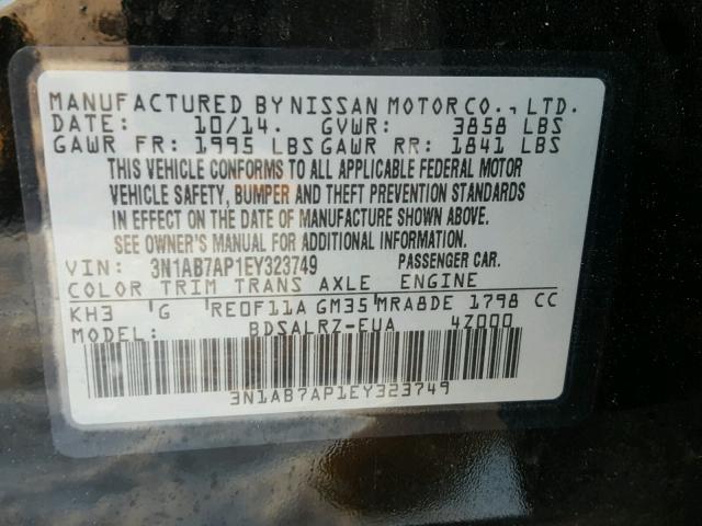 3N1AB7AP1EY323749 - 2014 NISSAN SENTRA S BLACK photo 10