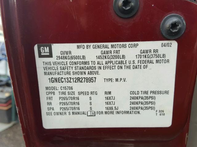 1GNEC13Z12R278957 - 2002 CHEVROLET TAHOE C150 RED photo 10