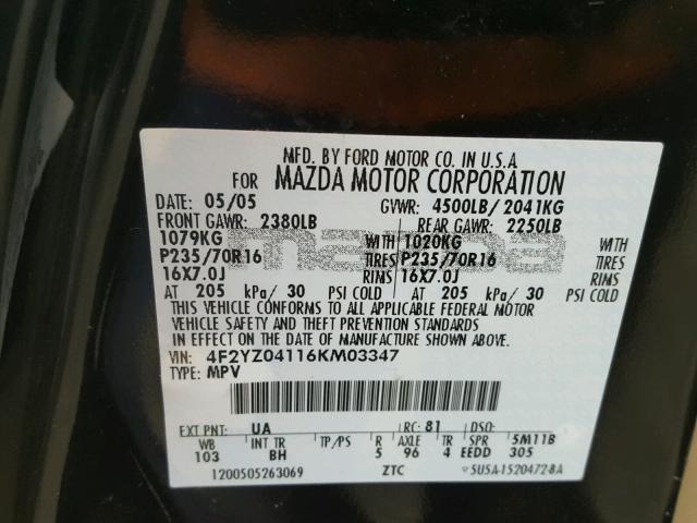 4F2YZ04116KM03347 - 2006 MAZDA TRIBUTE S BLACK photo 10