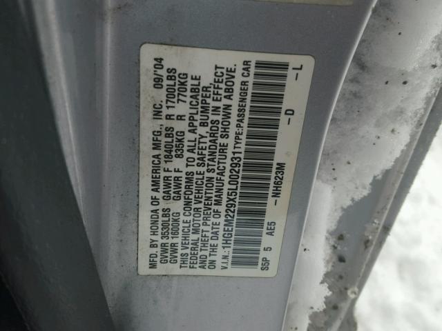 1HGEM229X5L002931 - 2005 HONDA CIVIC EX ვერცხლისფერი ფოტო 10