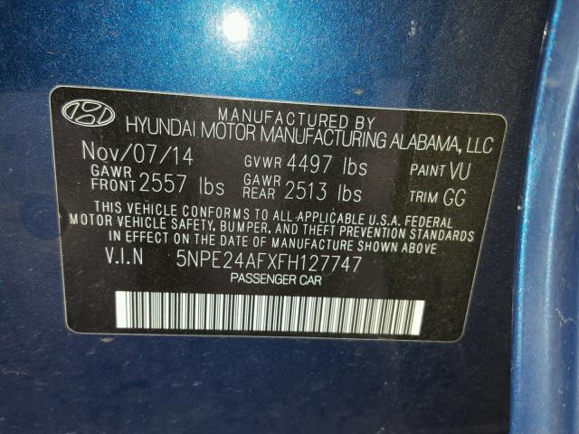 5NPE24AFXFH127747 - 2015 HYUNDAI SONATA SE BLUE photo 10