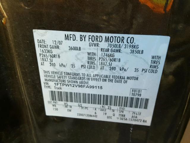 1FTPW12V98FA99115 - 2008 FORD F150 SUPER TWO TONE photo 10