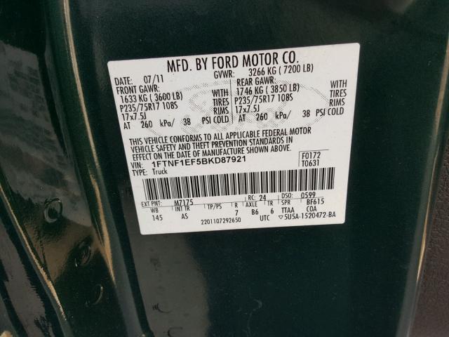 1FTNF1EF5BKD87921 - 2011 FORD F150 GREEN photo 10