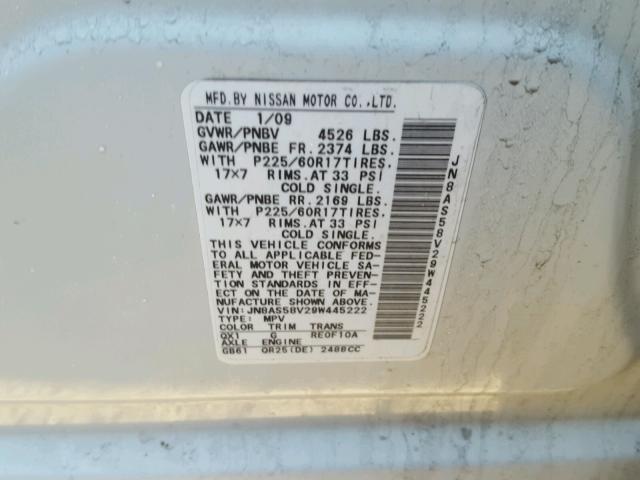 JN8AS58V29W445222 - 2009 NISSAN ROGUE S WHITE photo 10