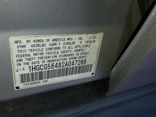 1HGCG56492A047266 - 2002 HONDA ACCORD LX SILVER photo 10