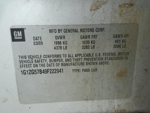 1G1ZG57B49F222941 - 2009 CHEVROLET MALIBU LS ვერცხლისფერი ფოტო 10