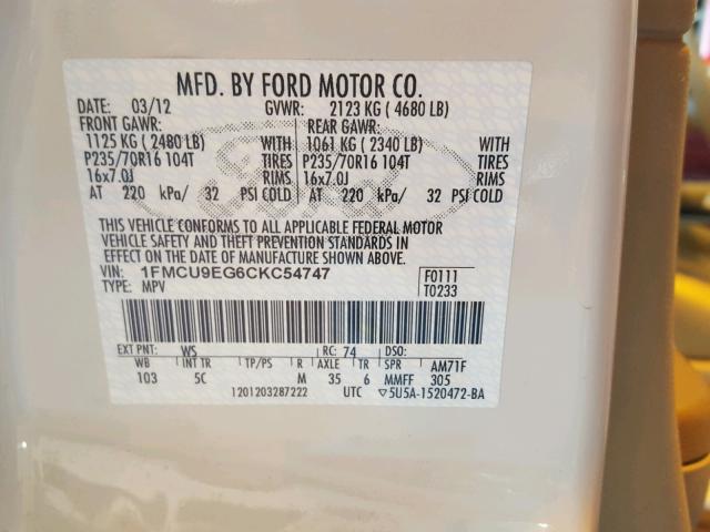 1FMCU9EG6CKC54747 - 2012 FORD ESCAPE LIM WHITE photo 10